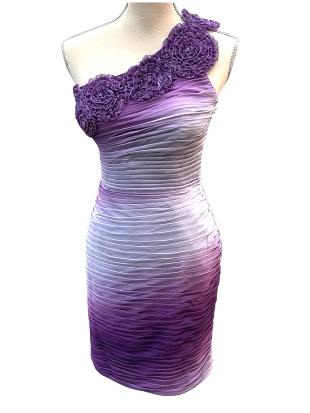 Adrianna Papell Purple Ombre One Shoulder Rosette Shutter Pleat Dress (6/8)